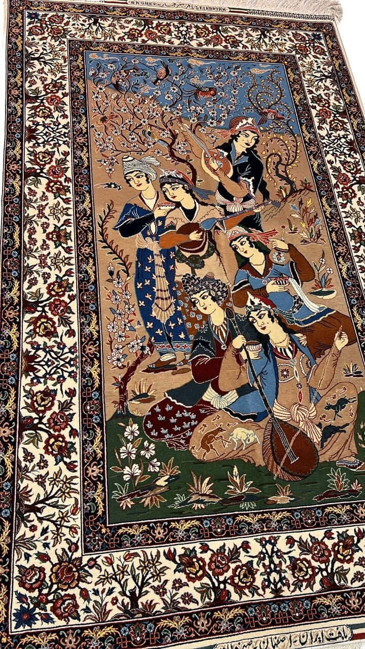 "Angled view of a hand-knotted wool and silk Seirafian pictorial rug by Master Bagher Seirafian, featuring Persian art and detailed craftsmanship."